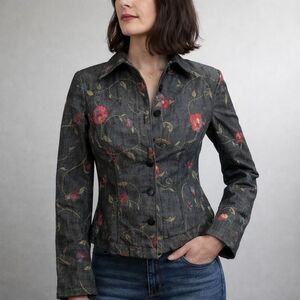 WORTH Embroidered Denim Jacket Floral Fitted Button Front Women’s Size 6 Blazer